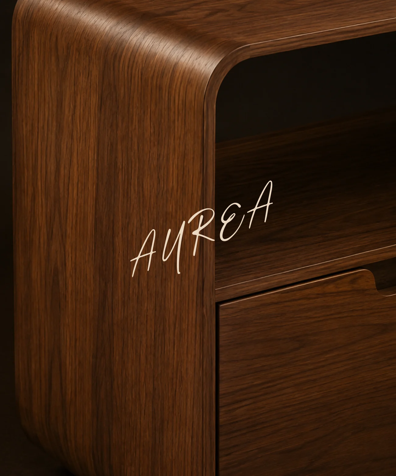 The logotype on walnut.