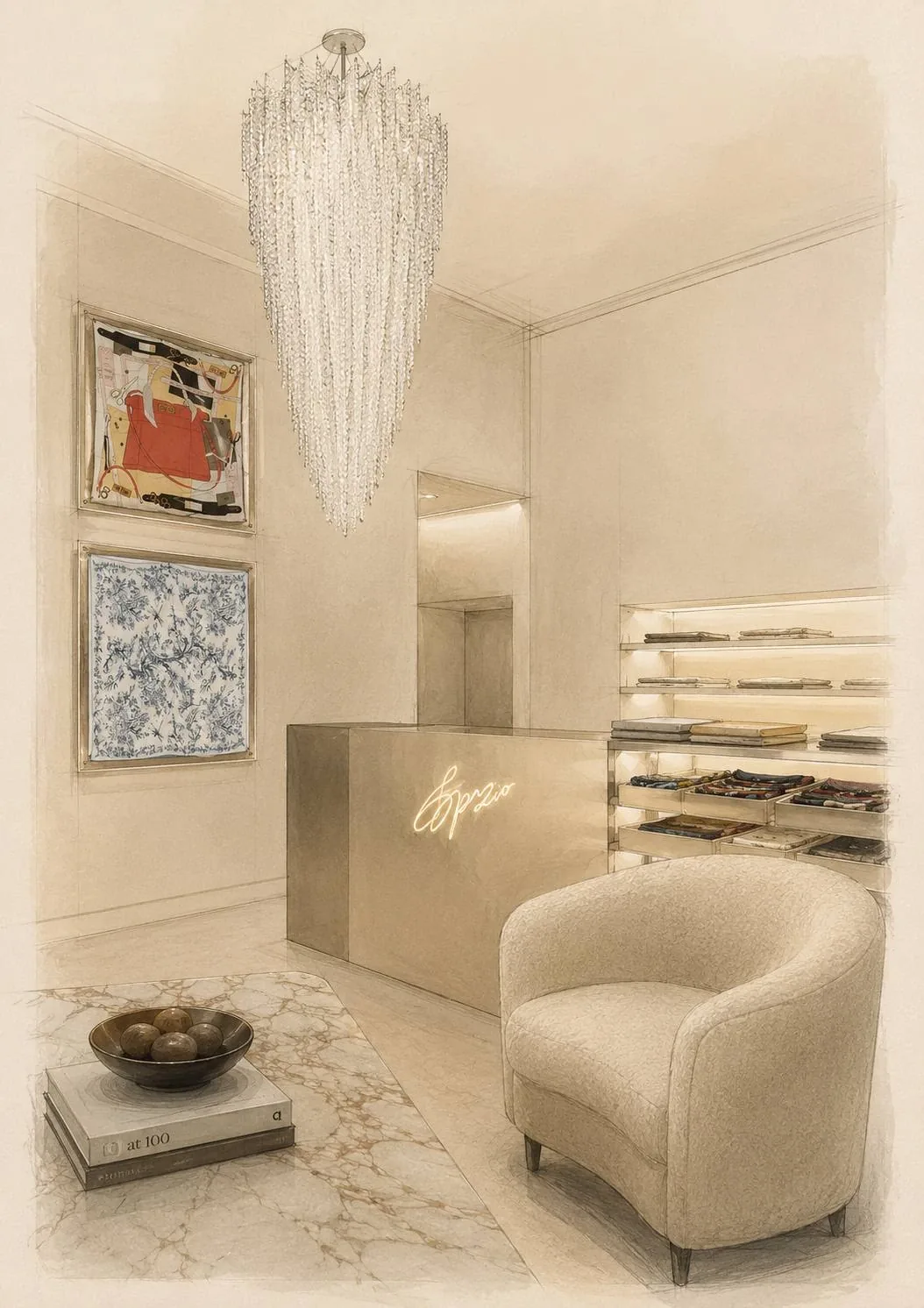 Interior sketch of the Spazio boutique.